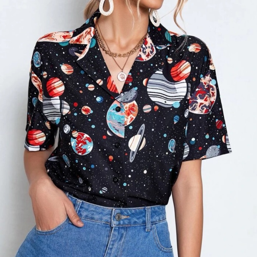 Space Patterned Button Down - Black Short Sleeve - image 1